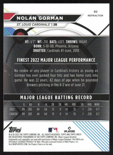 2023 Topps Finest Rookie Refractor #92 Nolan Gorman St. Louis Cardinals - Picture 2 of 2