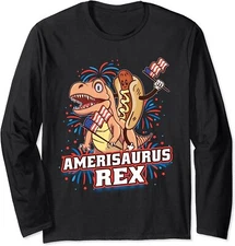 Hotdog T Rex Dinosaur 4th of July Amerisaurus Gift Long Sleeve T-Shirt