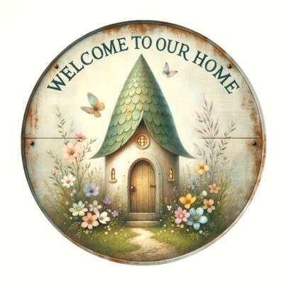 Blechschild Welcome to our home Willkommen 20x20cm Retro Vintage TEL492