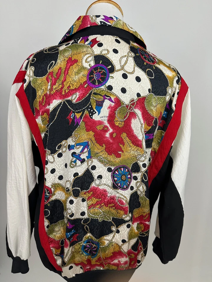 VINTAGE Silver Threads 100% SILK nautical print zip jacket Women's M - Image 3 of 4