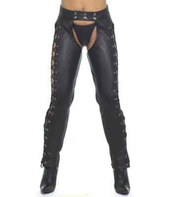 Women's Real Leather Chaps Laces Up Black Leather Chaps Ladies Laces Up Chaps