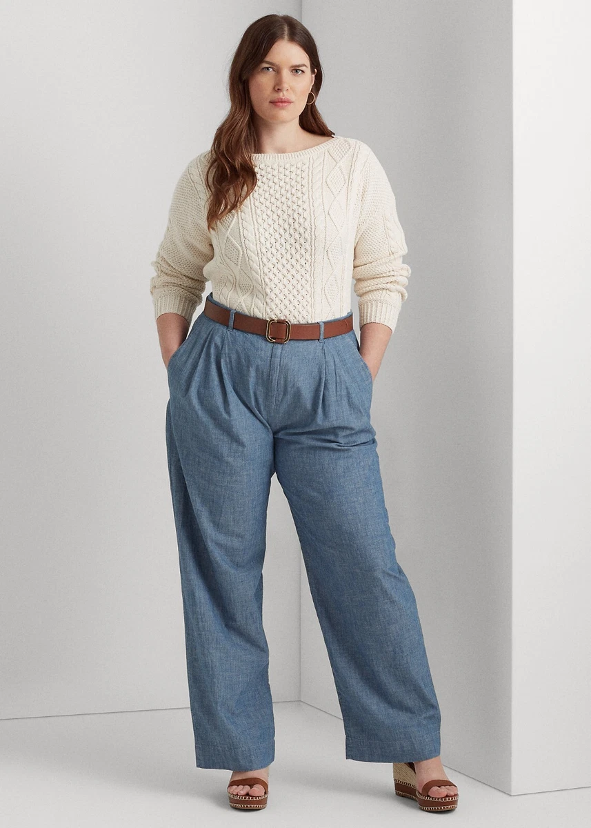 Plus size wide top leg chambray pants