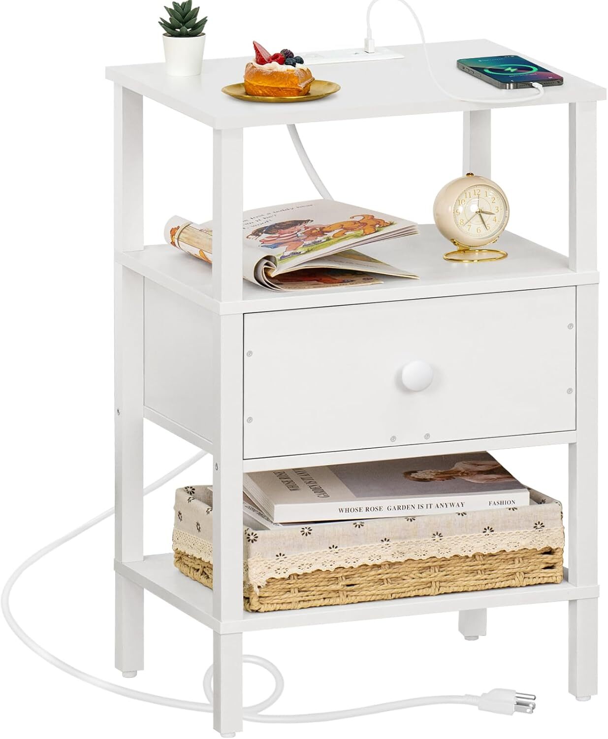 Modern Nightstand with 3 Shelves, USB Port & Charging Station-image