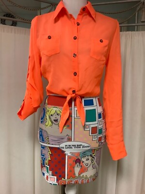 Nasty Gal XTAREN Neon Orange Sheer Button Up Tie Crop Top Multicolor Mini Skirt
