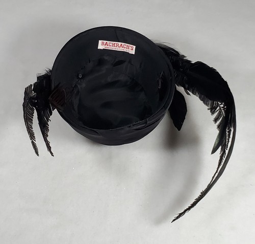 Vintage Pleated Black Pillbox Hat With Feathers Hat Box 40s 60s Halloween Retro - Picture 8 of 24