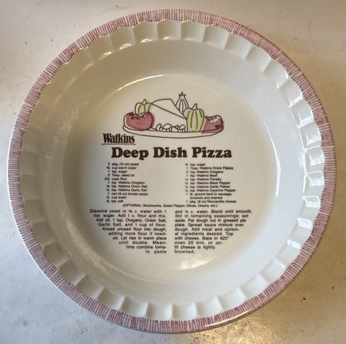 Vtg Watkins Ceramic Stoneware Pizza Pie Plate with Recipe Vintage 11” Deep Dish