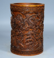 Collectible China old bamboo hand Carven nine dragon pattern brush pot ornament