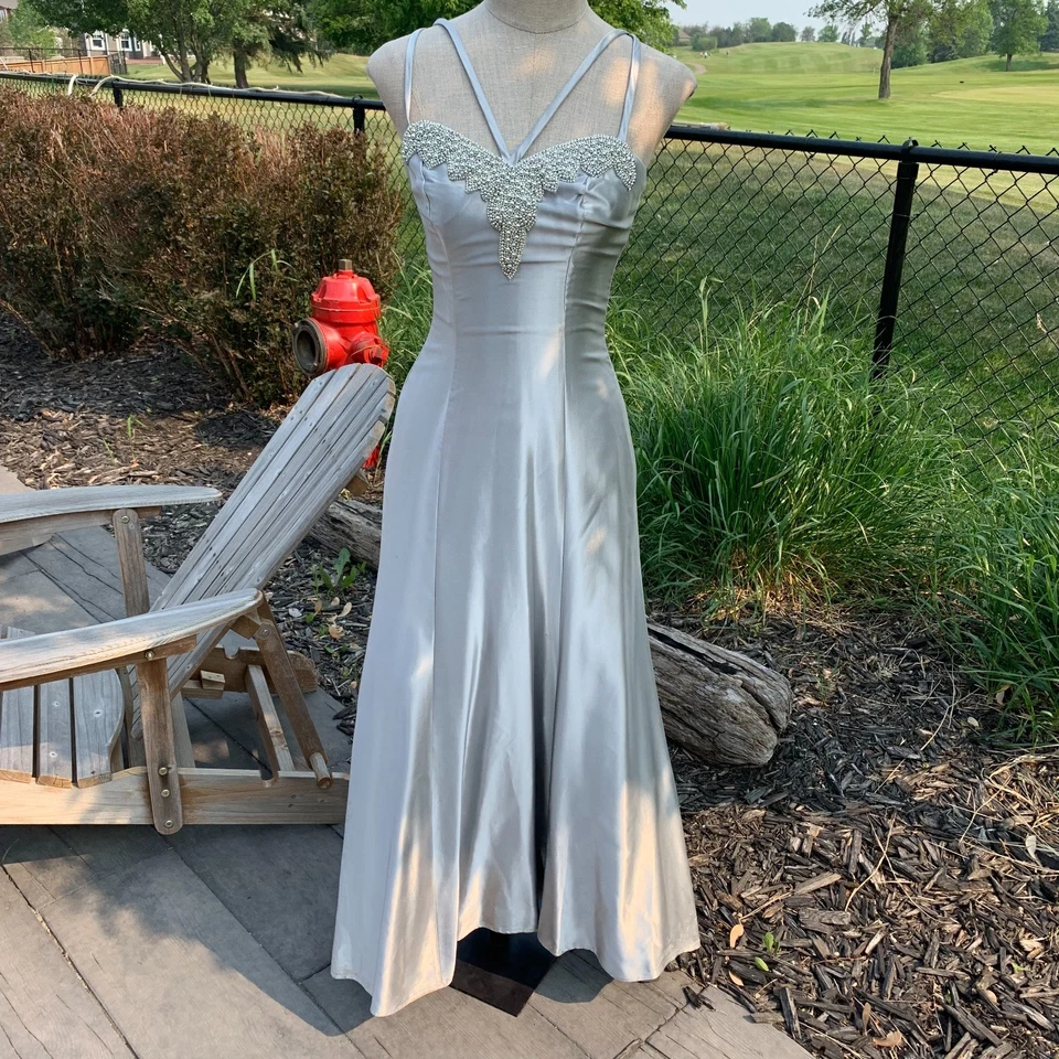 Vintage Beaded Maxi Dress Gown 5/6 Metallic Silver Prom Formal Fairy Union Made - Image 4 of 4