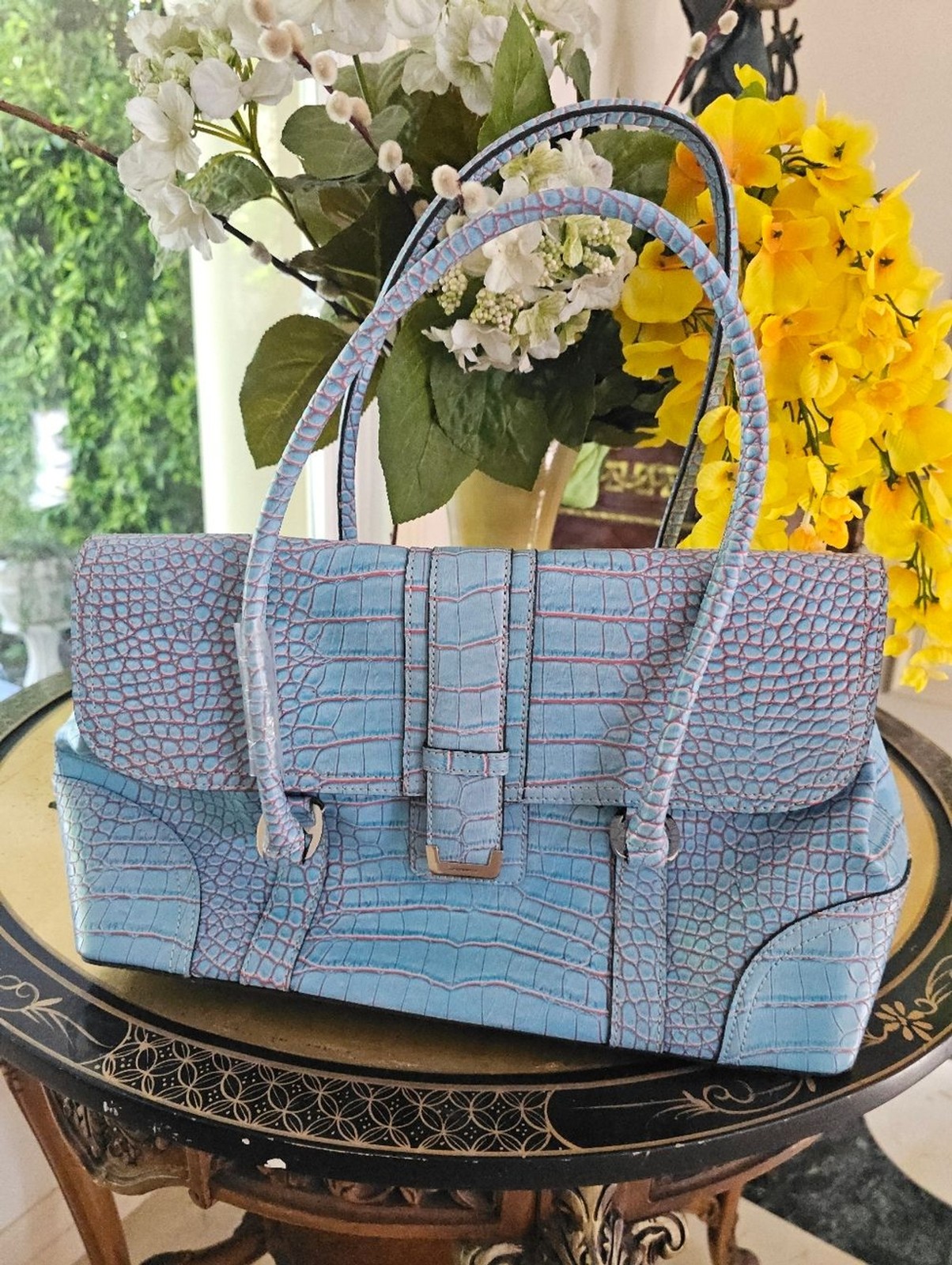 Liz Claiborne Y2K Blue Croc Embossed Satchel Bag Hot Pink Interior Vintage