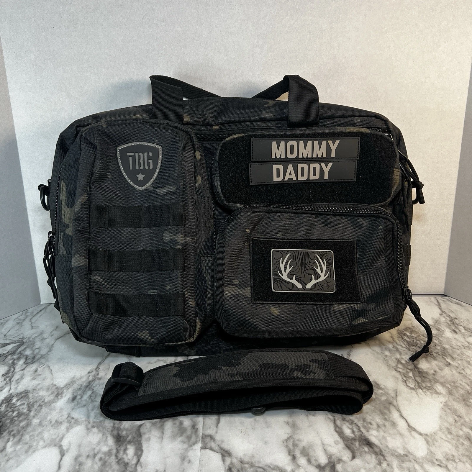 Tactical Baby Gear TBG Deuce Diaper Bag NO Changing Mat Camo Black W/ 3 Patches