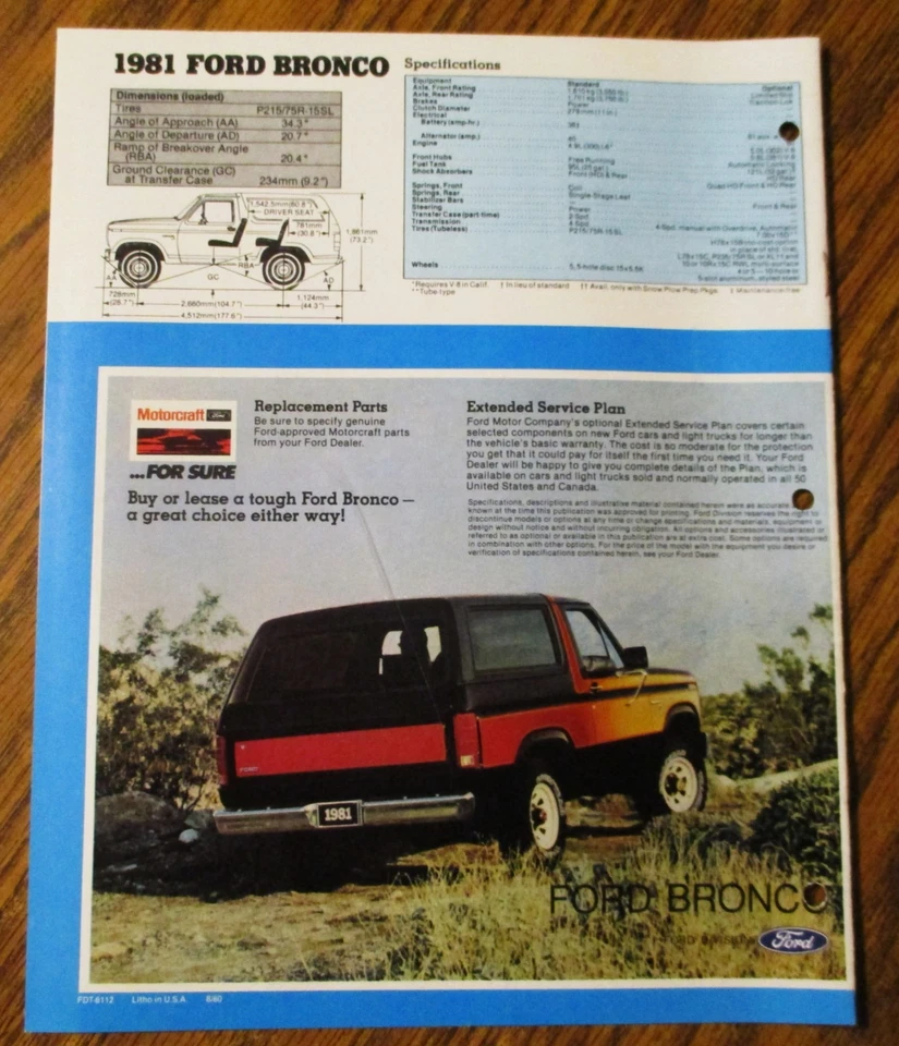 Ford Bronco 1981 Dealer Original Sales Brochure Literature Catalog Ad FDT-8112 - Image 3 of 4