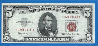1963 $5 USN Legal Tender Rare Star Note Red Seal Circ VF Nice