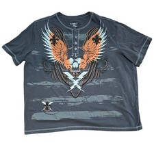 Y2k Cyber Goth No Boundaries Emo Graphic Skull Wings Grunge Henley Shirt 2XL