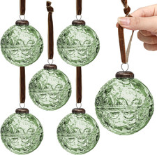 6 Pcs Vintage Mercury Glass Christmas Ornaments 3.15" Green Etched Balls