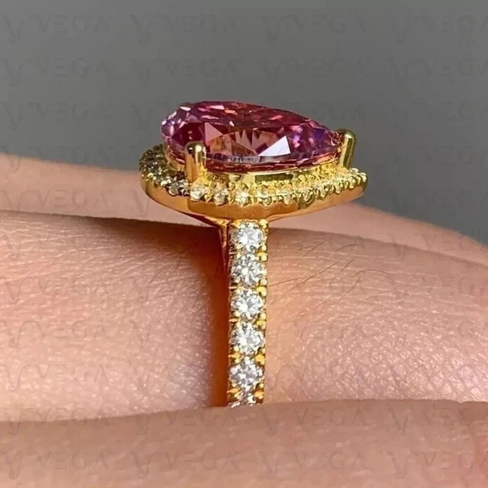 4.35 Ct Pear Cut Pink Sapphire Diamond Halo Engagement Ring 14K Yellow Gold - Image 3 of 4