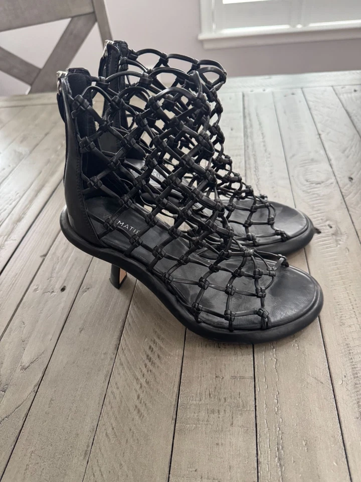 VIC MATIE 黑色 Dosh 编织皮革踝靴笼形高跟鞋凉鞋 39 9 G2U 码 — 第 3/4 张图片