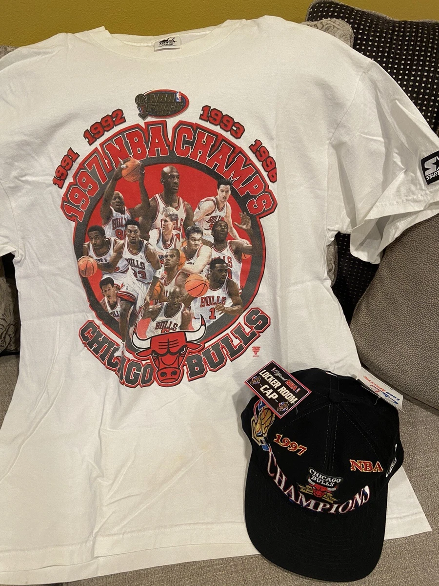Vintage Chicago Bulls 1997 NBA World Champions Locker Room T-Shirt and Hat