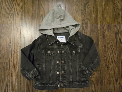 Old Navy Toddler Boys 2t Hooded Denim Jacket Coat Black With Grey