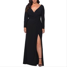 La Femme 29044 Long Sleeve Faux Wrap Jersey Gown, Black, 20