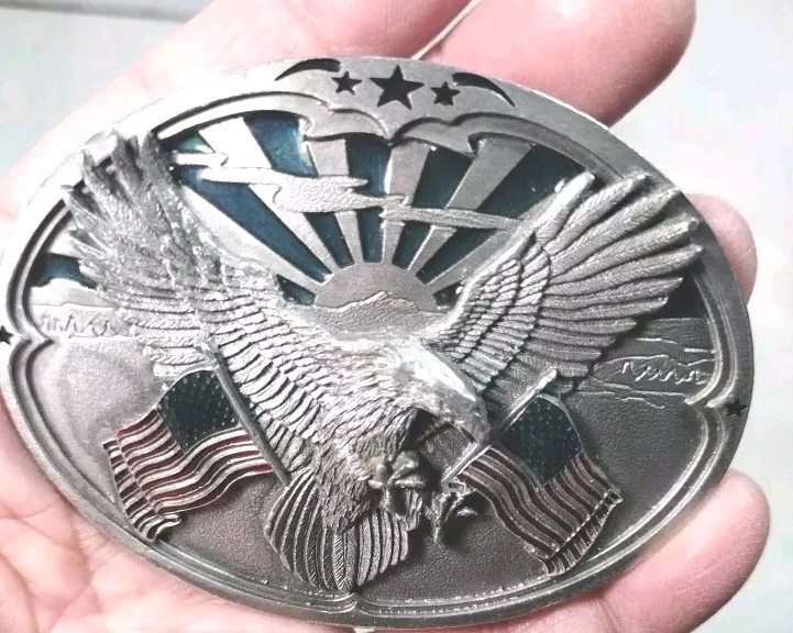 Fivela de cinto masculina exclusiva bandeiras de águia careca esmalte azul-petróleo EUA bergamota T-256 980106 - Imagem 2 de 4