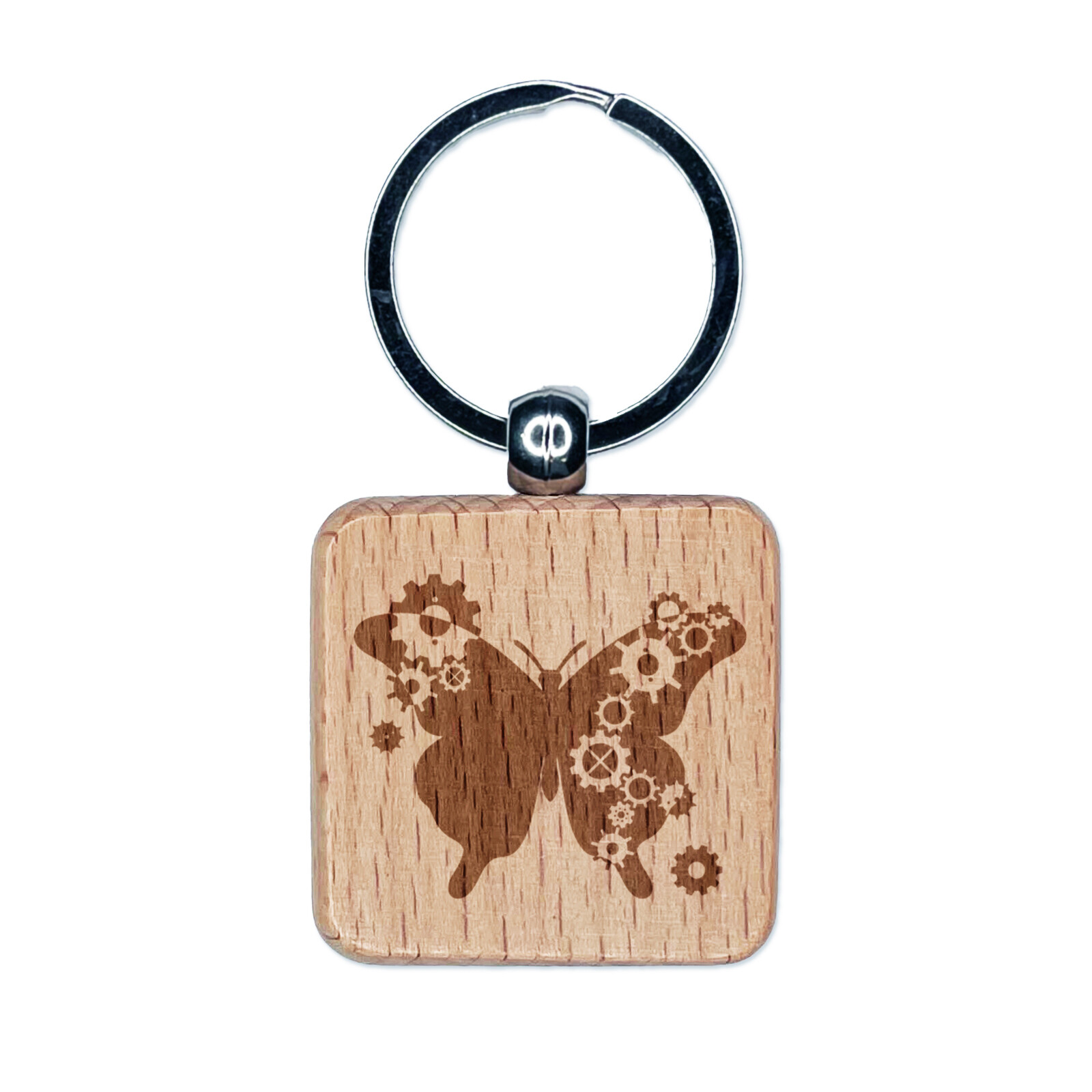 Steampunk Butterfly Gears Engraved Wooden Square Keychain