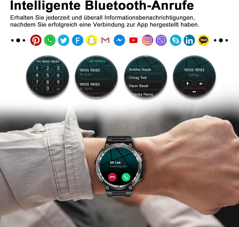 Smartwatch Herren Militär mit Telefonfunktion 5ATM Wasserdicht mit Schlafmonitor - Bild 3 von 4