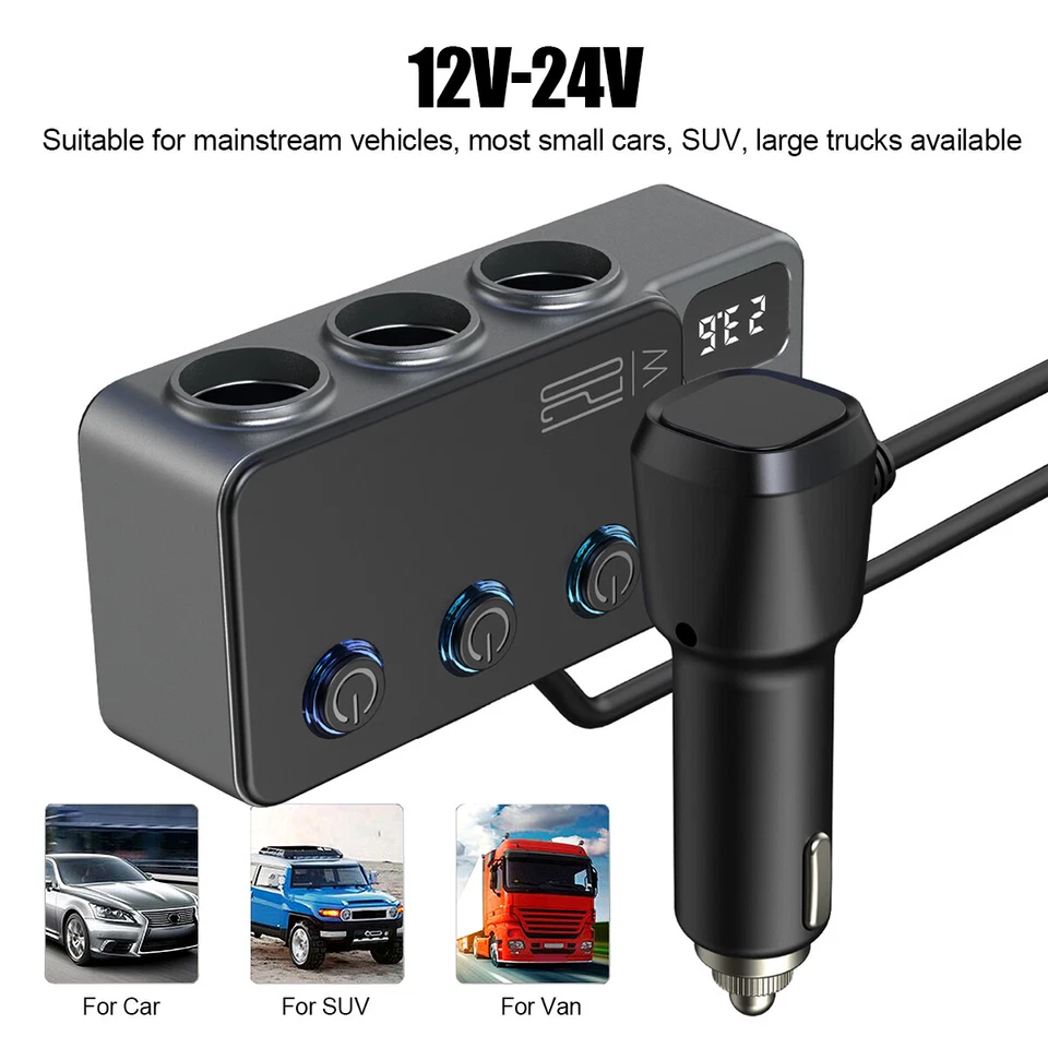 3 Way Car Cigarette Lighter Splitter USB C Charger Fast Charge Adapter 12V/24V - Image 3 of 4