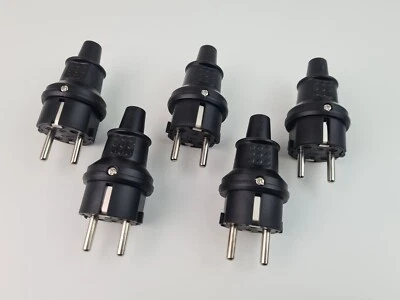 HEITECH 5 x Schuko Stecker Gummi Schwarz IP44 Schutzkontakt Stecker Gummi schwarz IP44