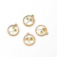 4PCS Gold Tone Dry Pressed Flower Resin Round Charm Pendant GBY1754