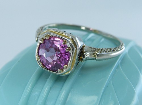 14k Antique Art Deco Created .80ct Pink Ruby RING White Gold Sz 6.5 Solitaire