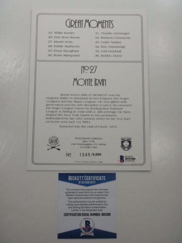 MONTE IRVIN BECKETT BAS SIGNED PEREZ-STEELE GREAT MOMENTS CARD #27 B95388 AUTO - Picture 2 of 2