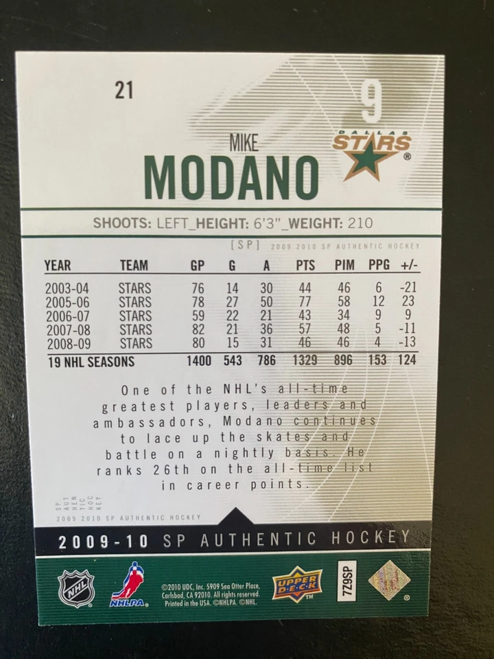 Mike Modano 2009-10 SP Authentic Hockey #21 Dallas Stars - Image 2 of 2