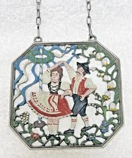 Pewter German Kuhn Zinn Dancing the Maypole Wall Hanging 3 3/4 W x 9 1/4 w Chain