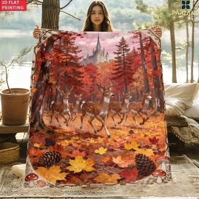 1pc Parzand 1pc Autumn Deer Castle Woodland Flannel Blanket - Ultra-Soft Lightw