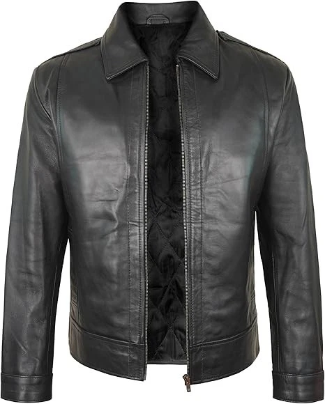 Men 100% Real Leather Biker Jacket With Turn Down Collar - Zipper Style