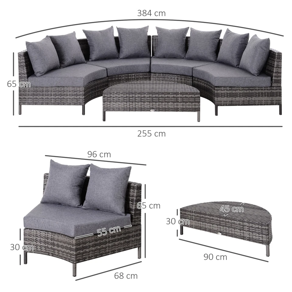 Garden Rattan Furniture 4 Seaters Half-round Patio Outdoor Sofa & Table - Grey - Image 2 of 4