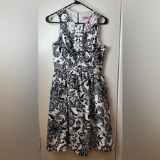 Eliza J Floral Beaded Neckline Dark Navy Blue White Linen Blend Mini Dress M