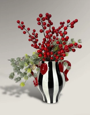 Moderne Vase Blumenvase Henkelvase Gefäß Schwarz Weiß Gestreift Keramik 22cm NEU - Bild 1 von 4