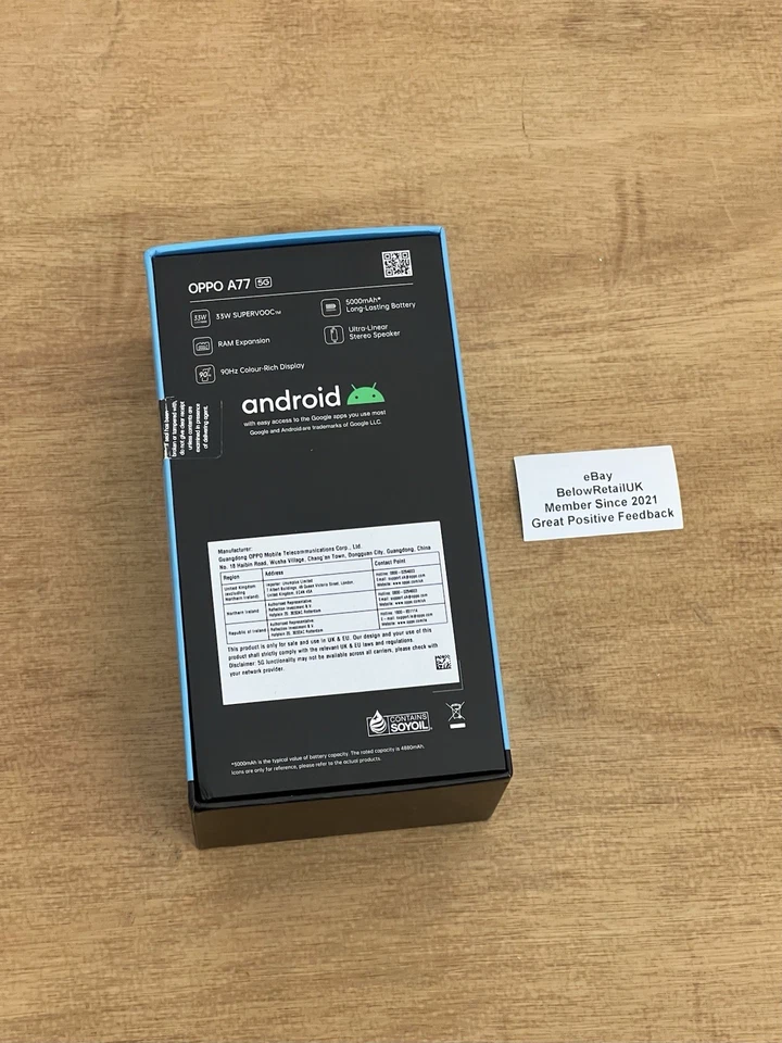 NEW SEALED OPPO A77 5G 64GB MIDNIGHT BLACK DUAL SIM UNLOCKED MODEL CPH2339 - UK - Image 4 of 4