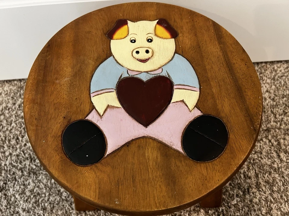 Hand Painted Wood Milking Stool Pig Holding Heart 10” Country Farm Decor - Image 2 of 4
