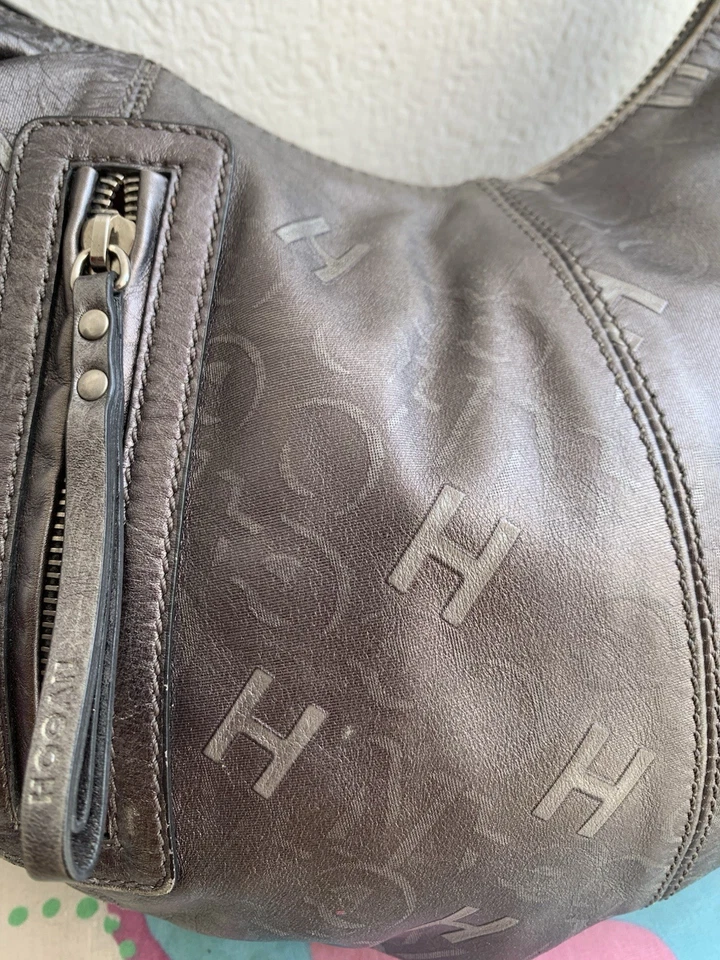 Hogan Hobo Shoulder Bag – Gray Leather Monogram –Zip Accents –15"x5" –10.5" Drop - Image 3 of 4