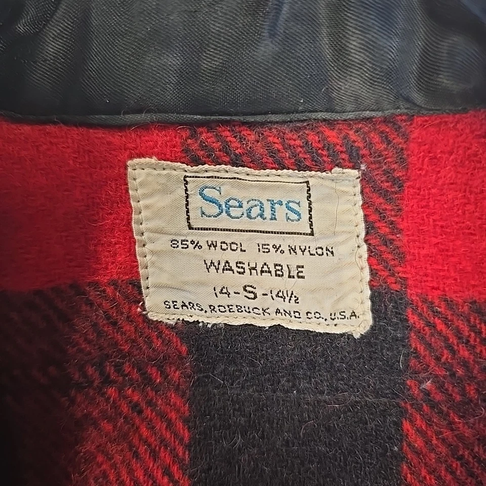 Vtg Sears Roebuck Mens Wool Blend Buffalo Plaid Flannel Sz 14-S-14½ USA Made Red - Image 3 of 4