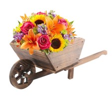 MODERN GARDEN WOODEN WHEEL BARROW PLANTER BURNT WOOD FLOWER CART ORNAMENTAL POT