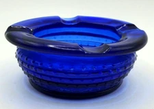 Beautiful Cobalt Blue Round Glass Cigarette Ash Tray Mid Century Art Deco