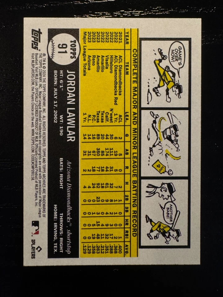 JORDAN LAWLAR 2024 Topps Archives 1961 DESIGN VARIATION SP #91 Diamondbacks - Image 2 of 2