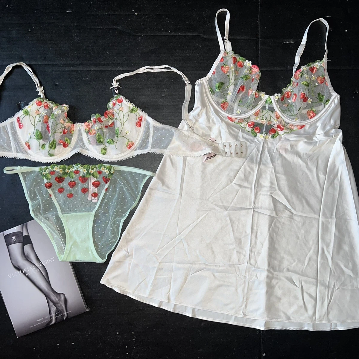 Victoria s Secret 36C Reggiseno Set Mutandine Slip Raso Bianco