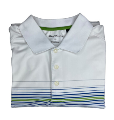 Tommy Armour Men’s Polo Golf Shirt White Blue Green Stripes Short Sleeve  Size L