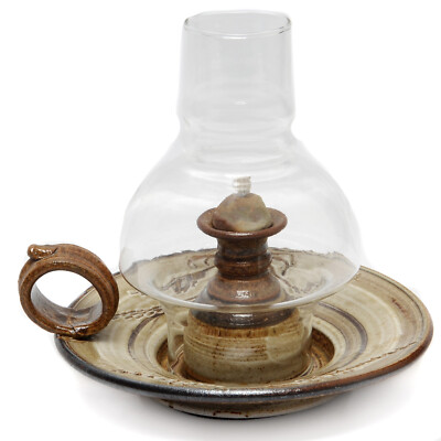 Handmade Pottery Oil Lamp w Chimney  Beige and Brown with Wheat Design Farmhouse