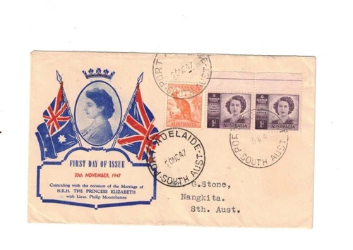 Australia 1947 1d Princes x 2 + 1/2d Roo on FDC,cds PORT ADELAIDE SA