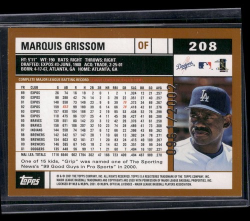 2002 Topps #208 Marquis Grissom Gold #/2002 Los Angeles Dodgers - Imagen 2 de 2